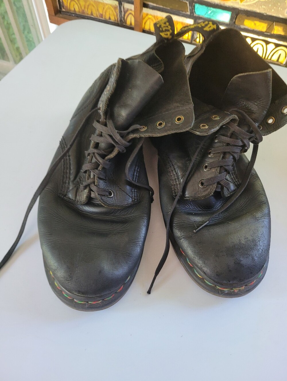 Dr. Martens 11 Black Leather Rainbow Stitching Lace-Up Ankle Boots